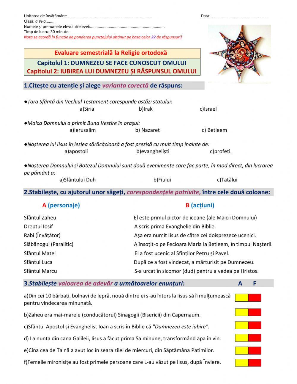 Evaluare semestriala, sem. 1, cls a VI-a
