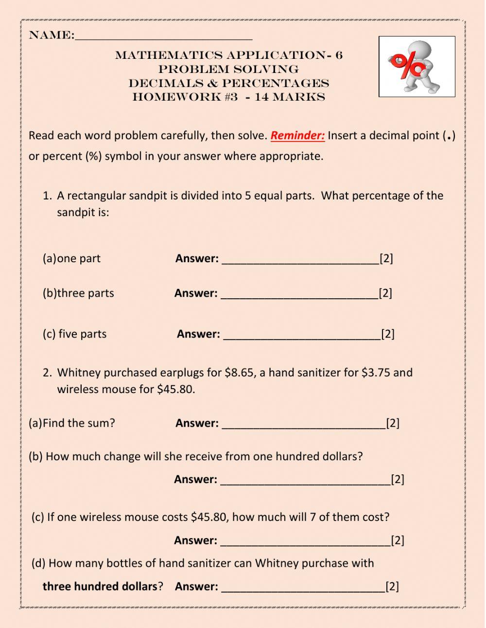 Problem Solving Percentages and Decimals