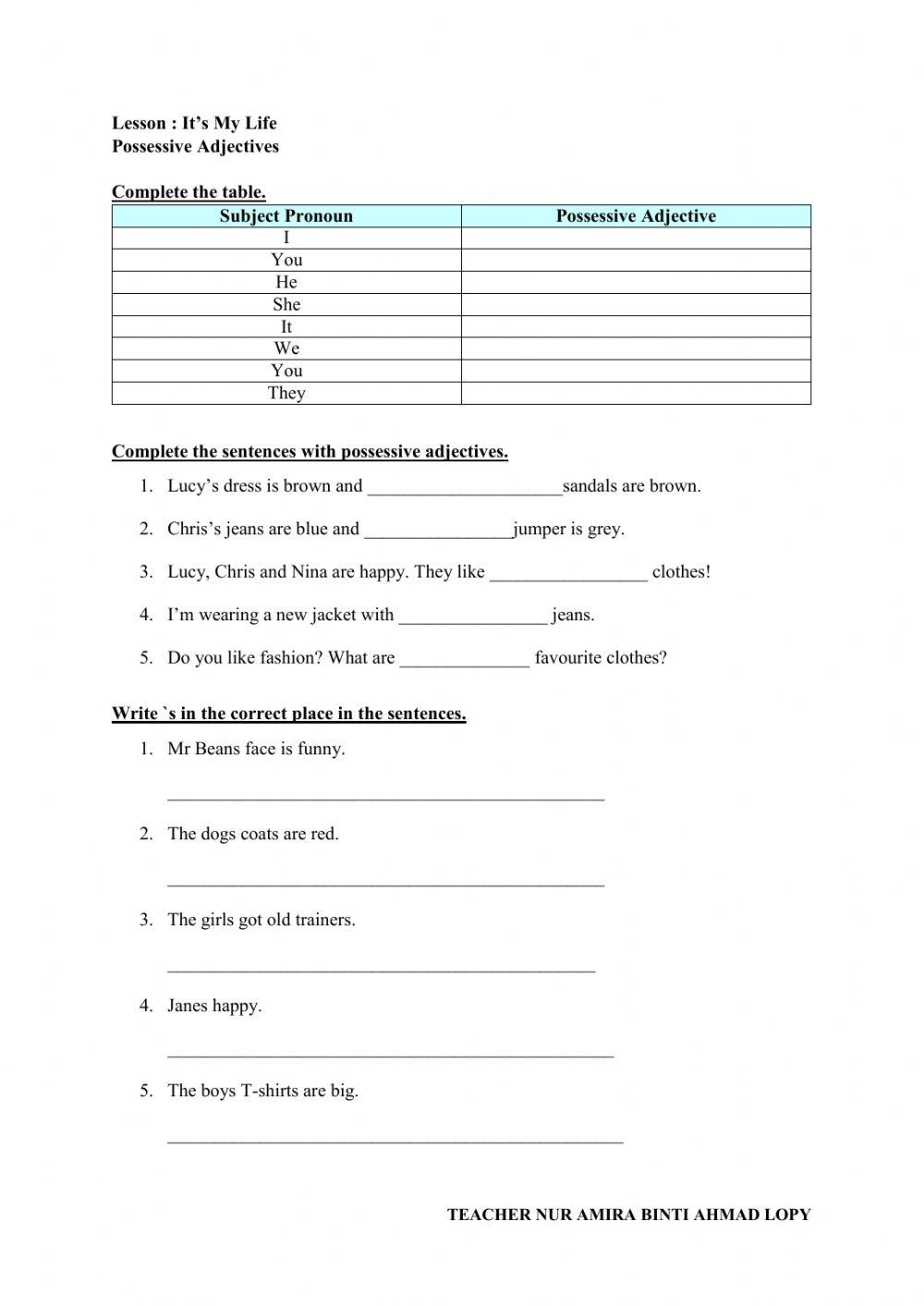 Bahasa Inggeris Form 1 : Possessive Adjectives