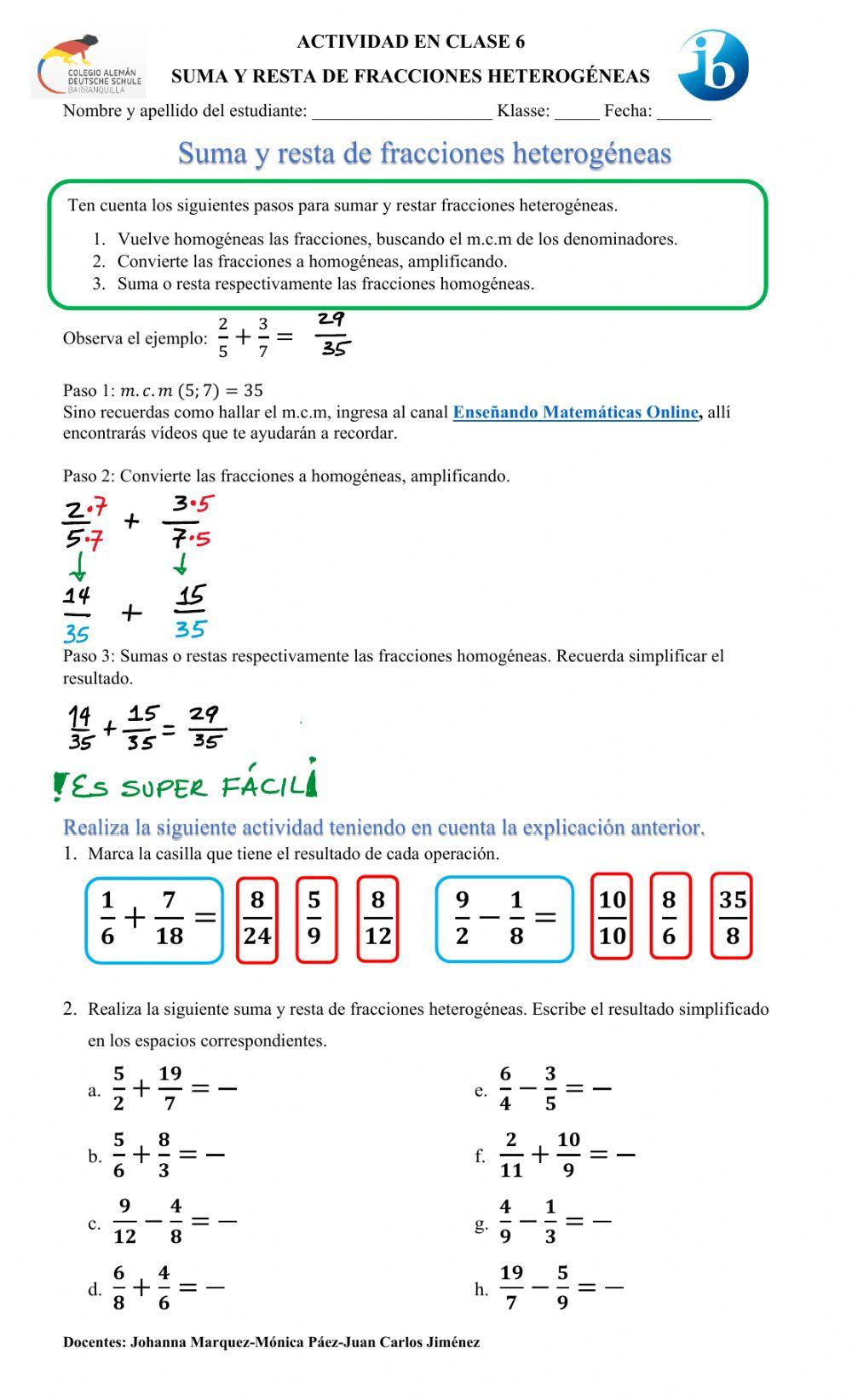 Suma y resta de fracciones heterogéneas