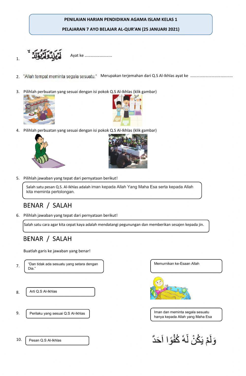 Penilaian Harian PAI pelajaran 7 KELAS 1