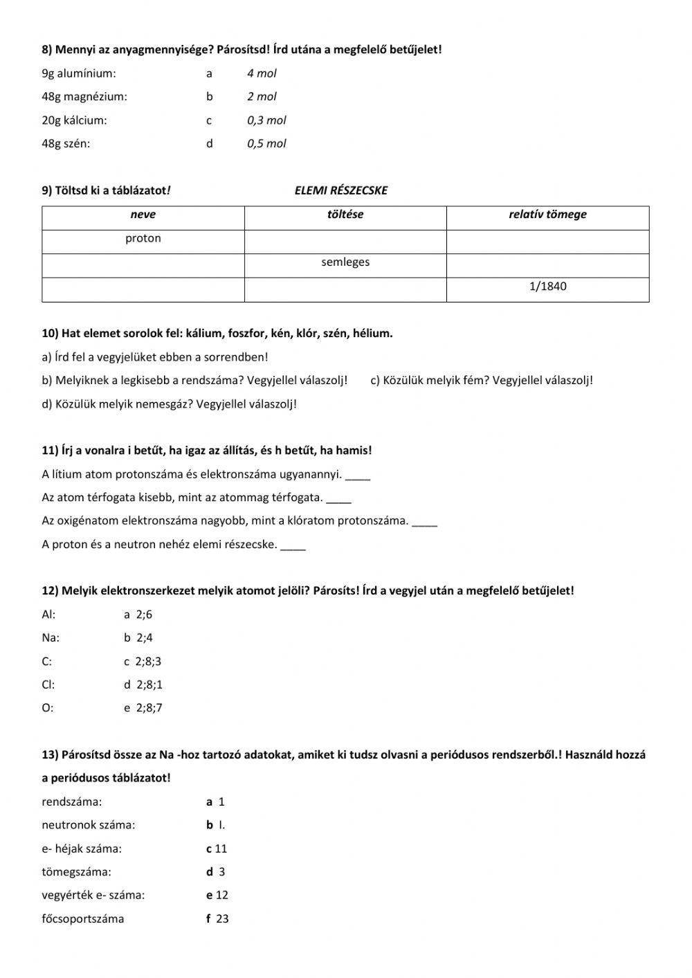 Kémiai alapismeretek, 7. osztály