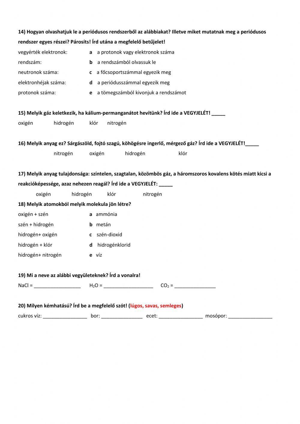 Kémiai alapismeretek, 7. osztály
