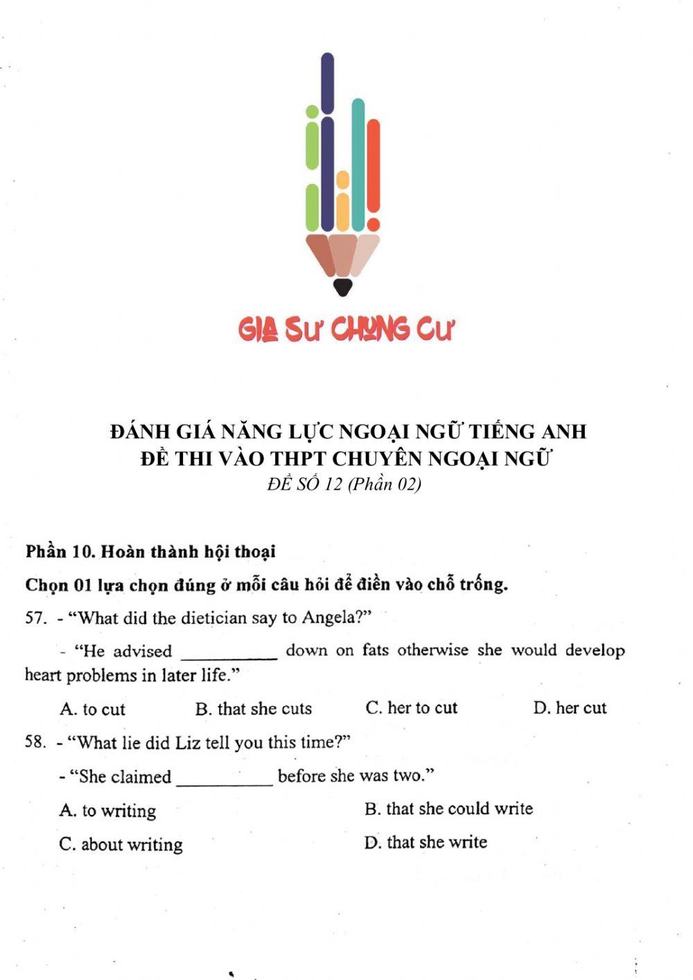 Đề thi đánh giá năng lực ngoại ngữ Tiếng Anh vào lớp 10 Chuyên ngoại ngữ - Số 12.2