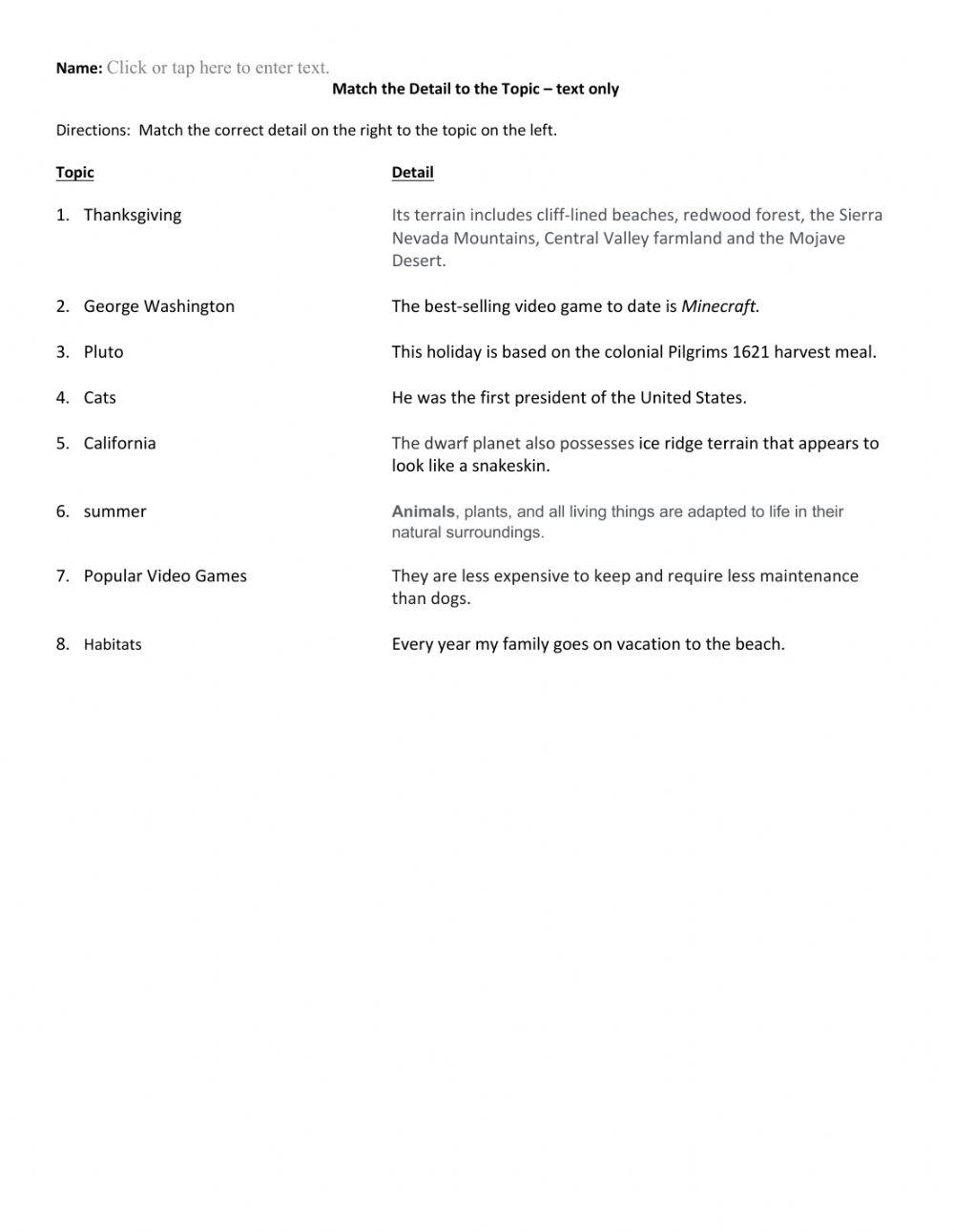 Match the Detail to the Topic - text only