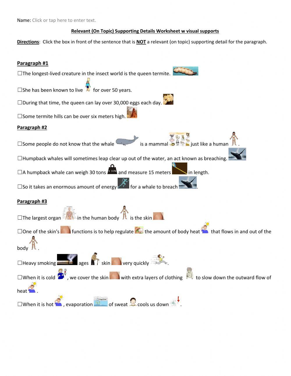 Relevant Supporting Details Worksheet w visual supports