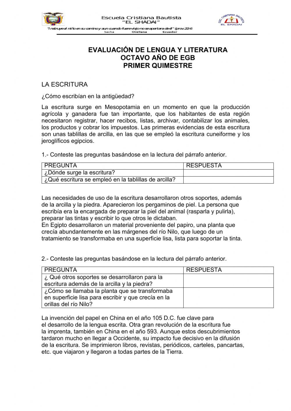 Evaluación 2 parcial 8vo año EGB