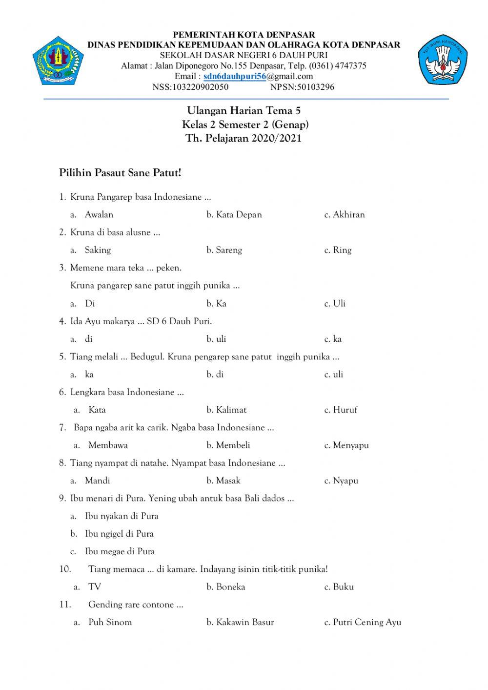 Ulangan Bahasa Bali kls 2 Tema 5 worksheet Live Worksheets