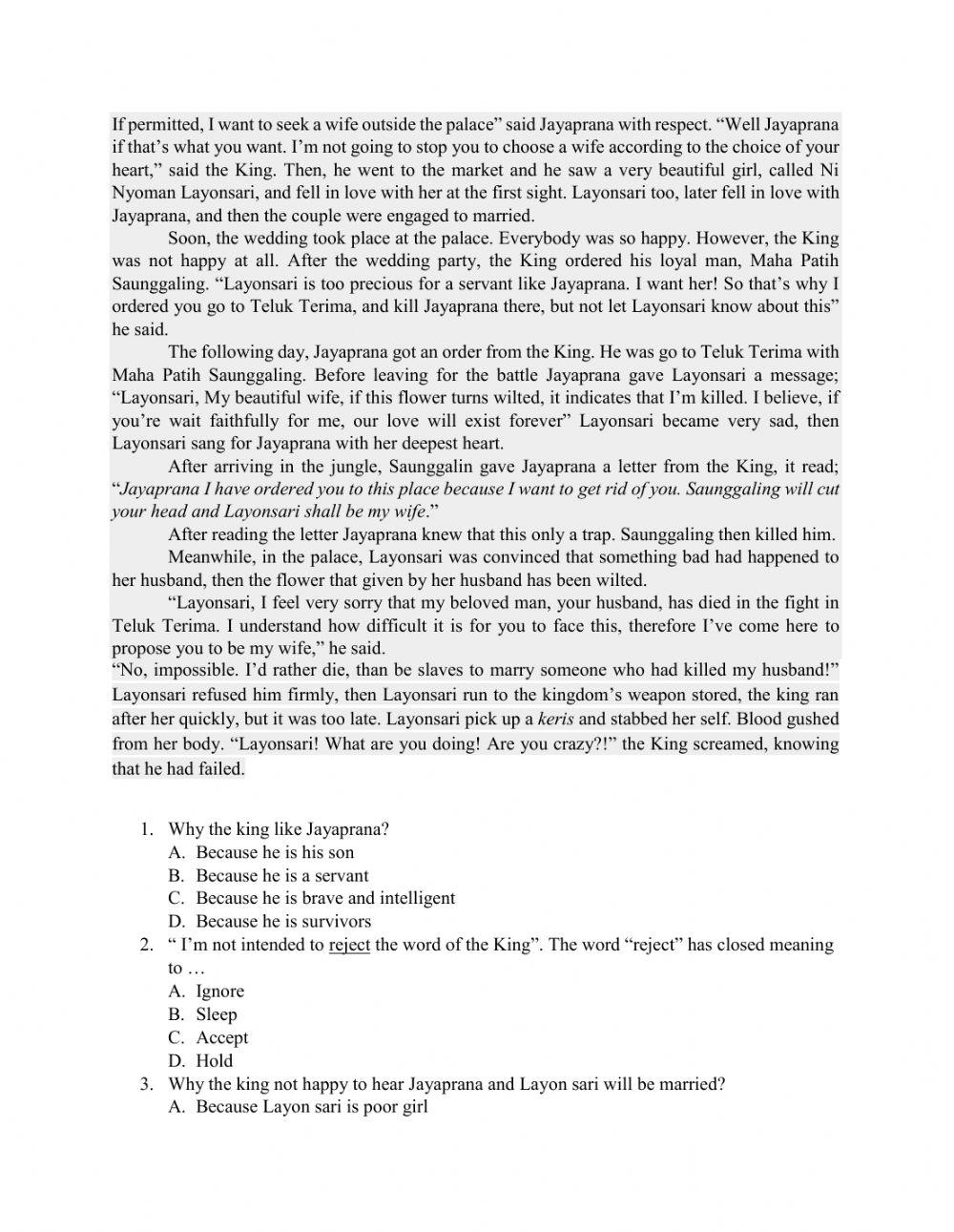 Narrative text test online exercise for live worksheets