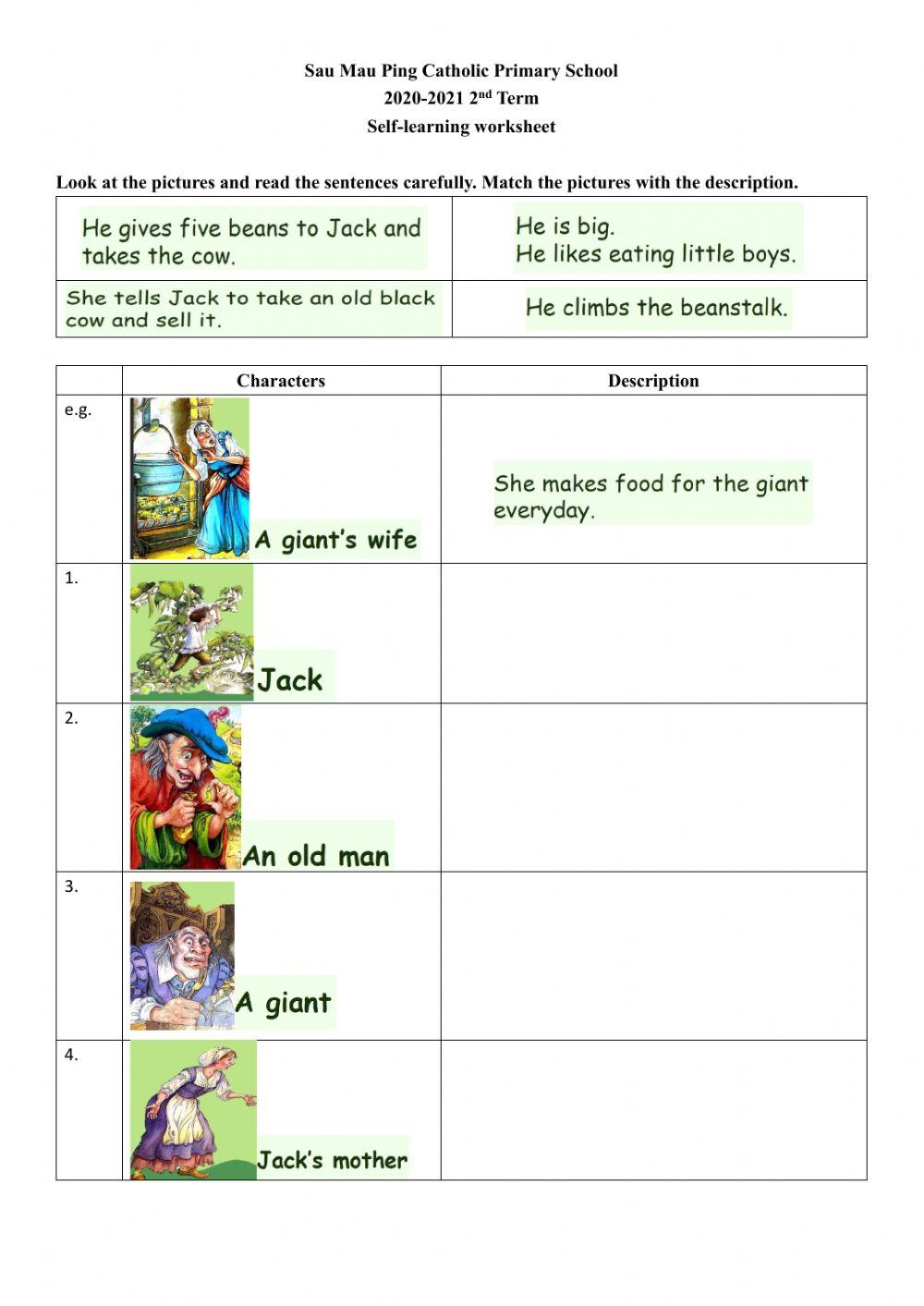 Self-learning Worksheet (Jack and the Beanstalk)