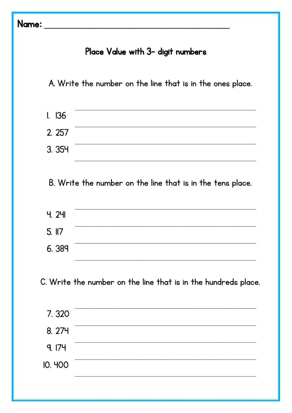 Place Value 3 digit numbers