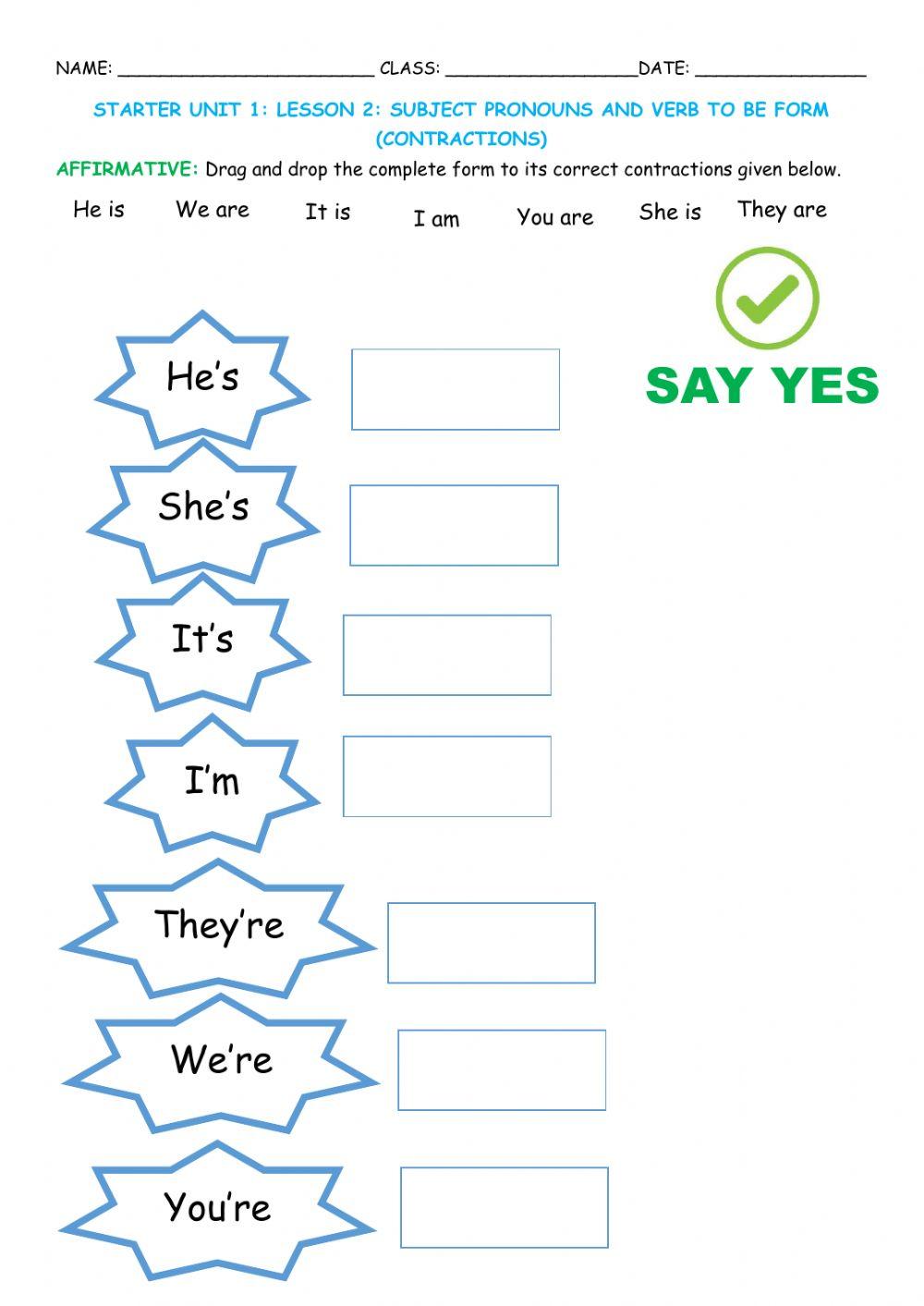 Starter unit 1: subject pronouns and contractions