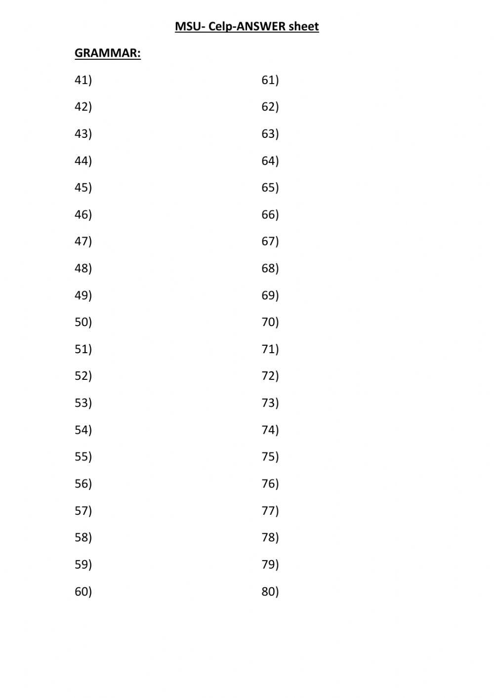 MSU CELP Pr. test 2(Grammar  Answer sheet)