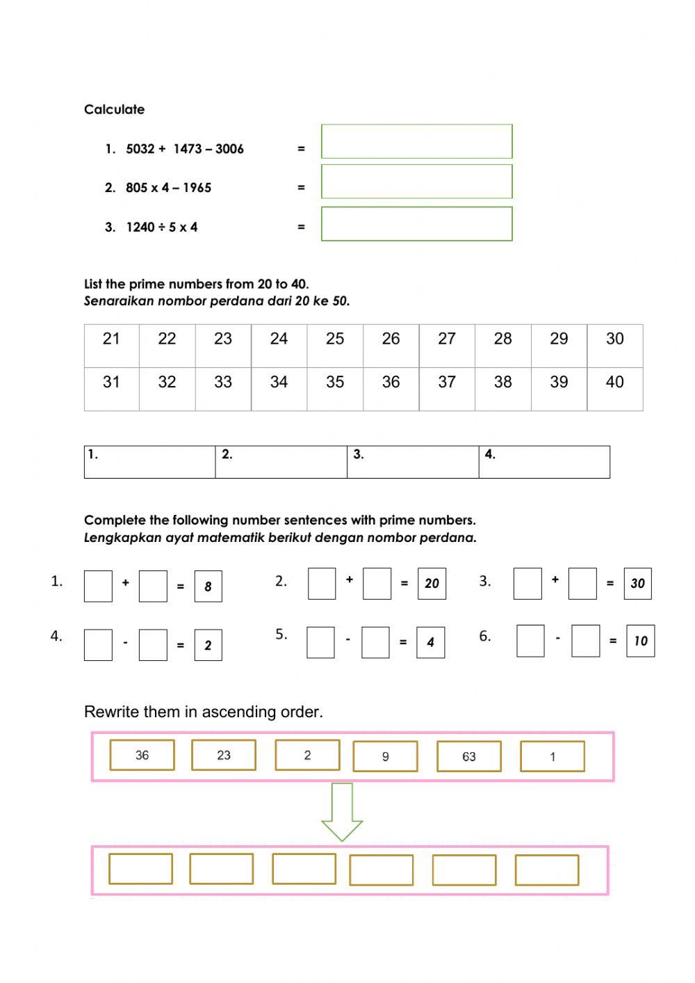 Bodmas and prime numbers worksheet | Live Worksheets