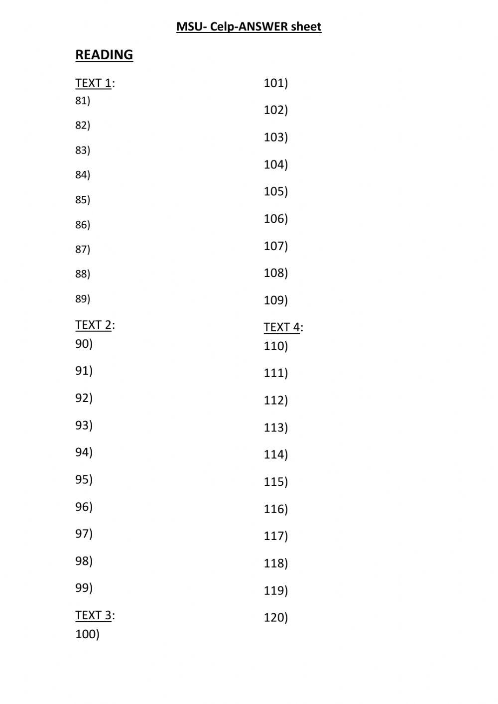 MSU CELP Pr. Test 2 (Reading Answer sheet)