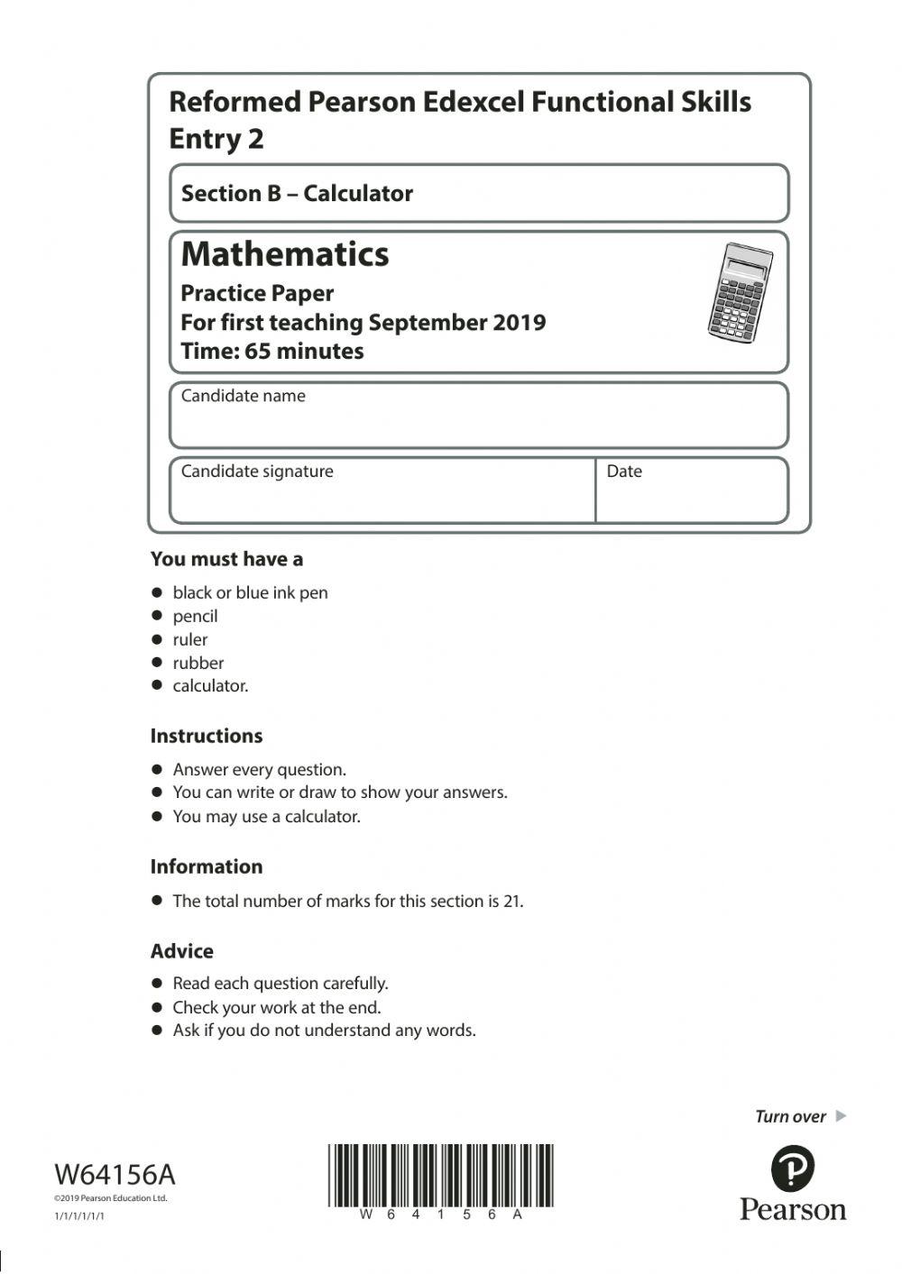 Functional Skills maths sample paper