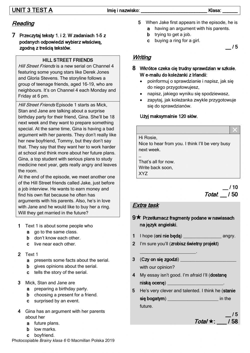 Brainy Klasa 6 Unit 3 6379951 | Brainy 6 Unit 3 Test | annastepien25
