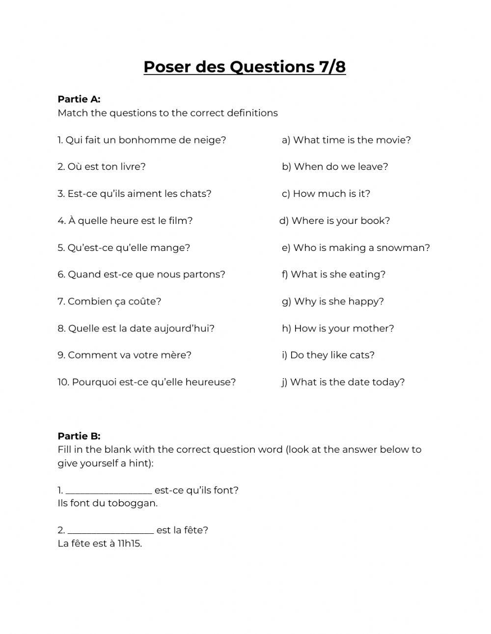 Question Words Worksheet 2 (7-8)