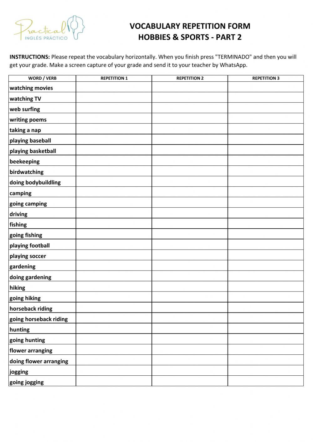 Vocabulary repetition form - hobbies & sportes - part 2