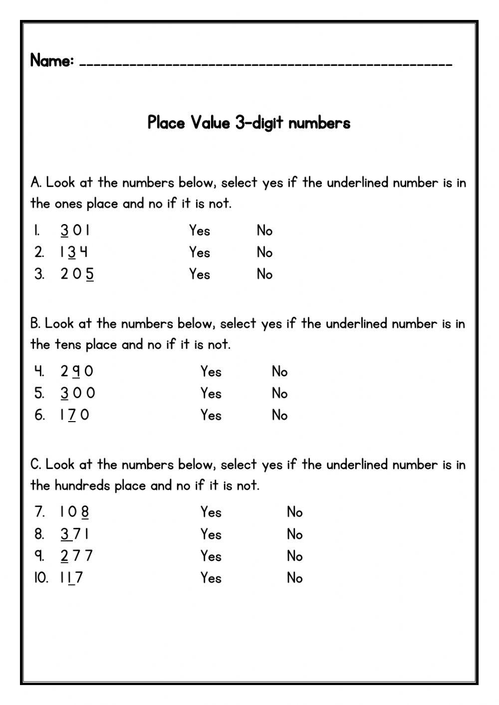 Place Value 3 digit numbers