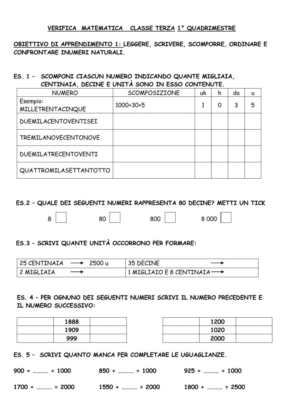Verifica 1° quadrimestre -I NUMERI-