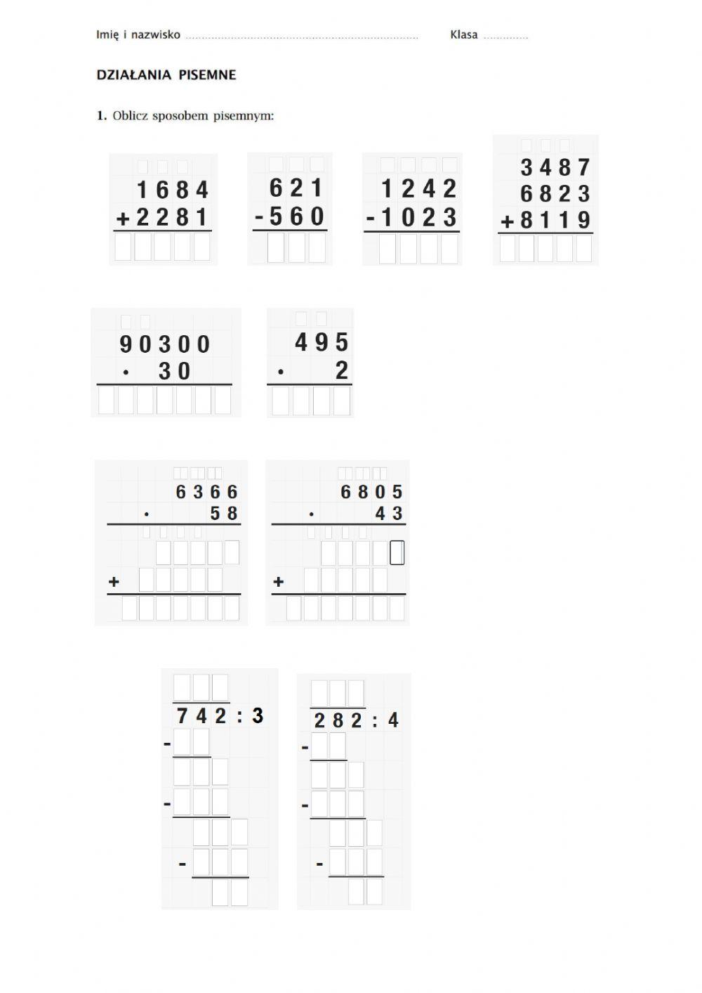 Działania pisemne -kl.4