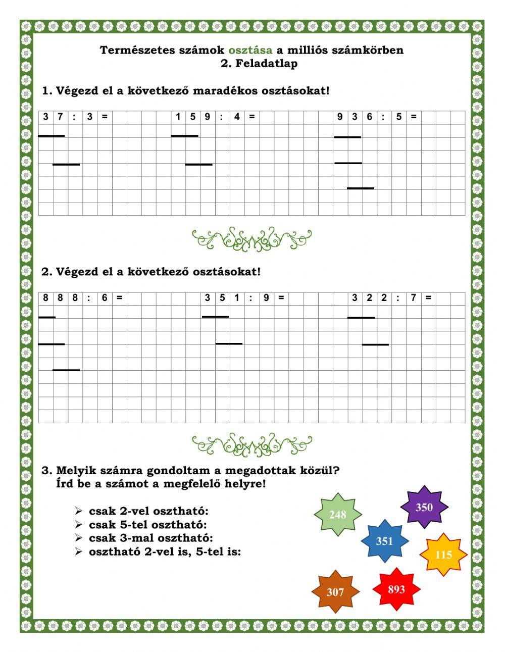 Osztás feladatlap
