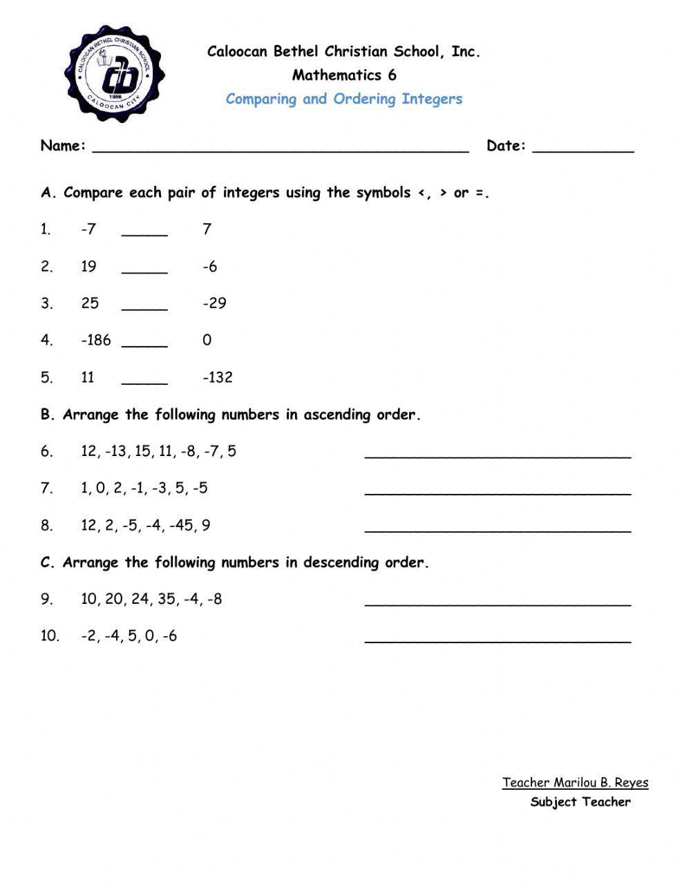 Comparing and Ordering Integers