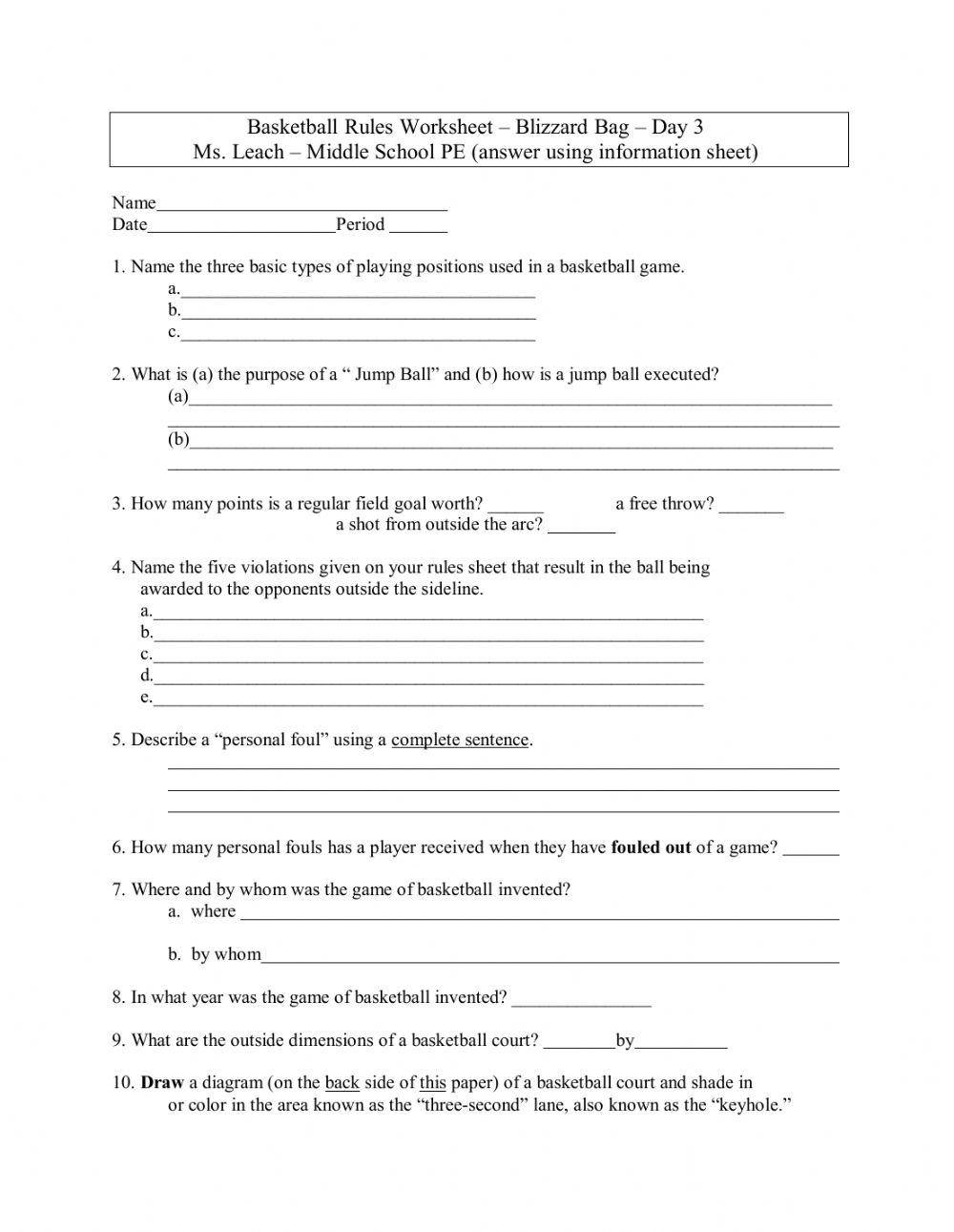 Basketball Rules Worksheet