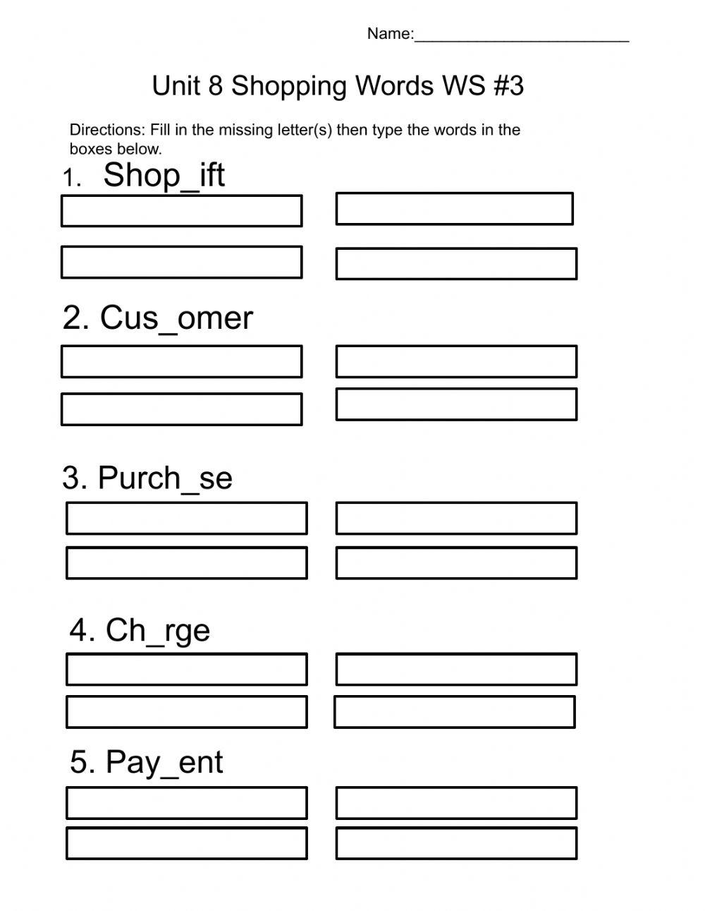 Unit 8 Shopping Words WS-3