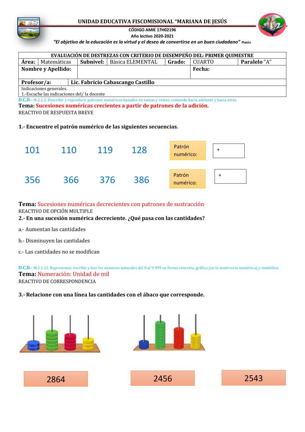 Evaluación Q- Matemática- 4 A