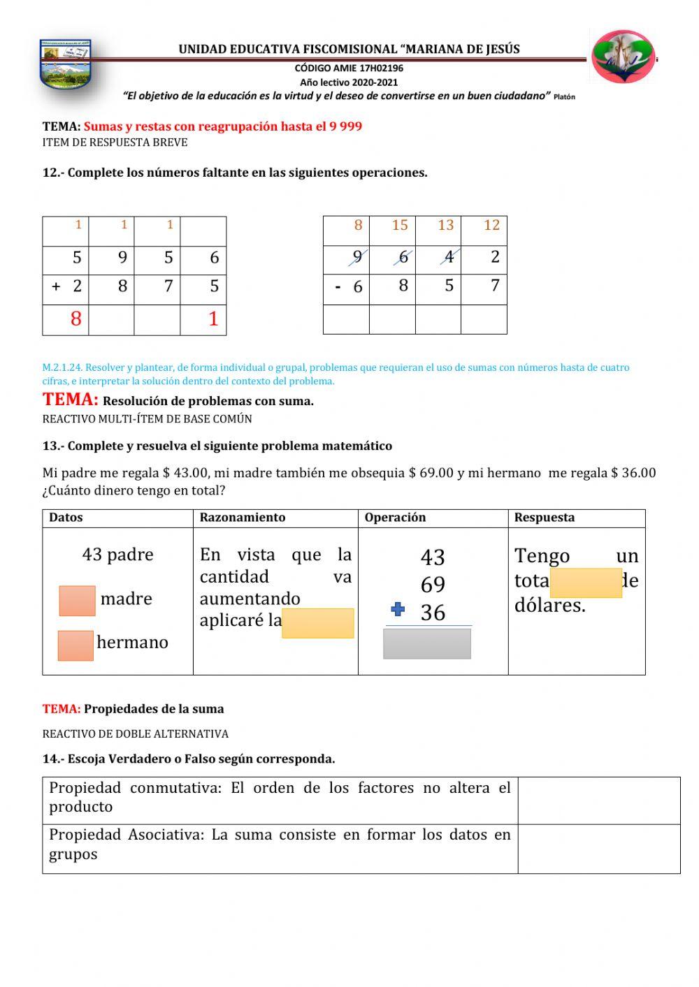 Evaluación Q- Matemática- 4 A