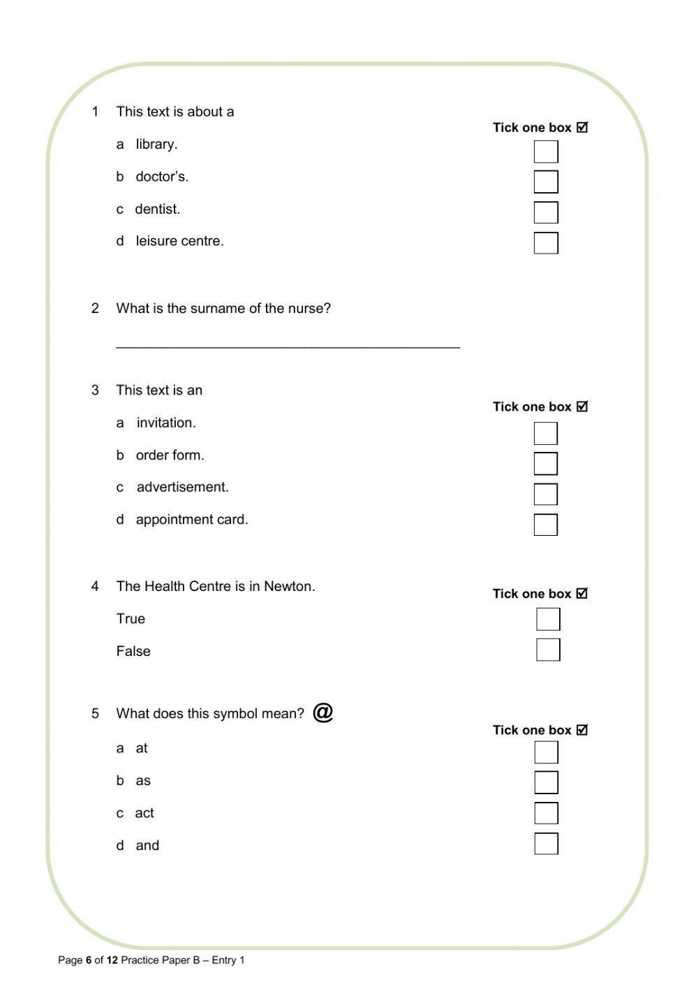 Reading Exam - Entry 1 Prep to Reading