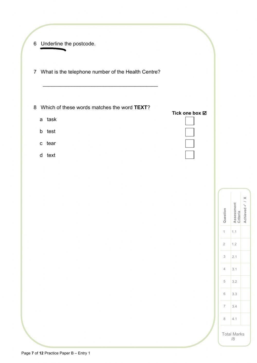 Reading Exam - Entry 1 Prep to Reading
