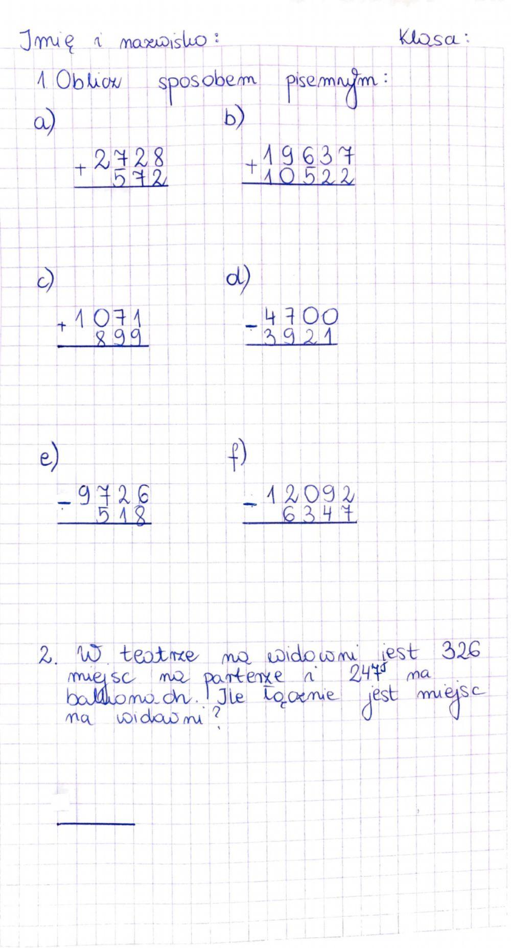 Dodawanie i odejmowanie sposobem pisemnym