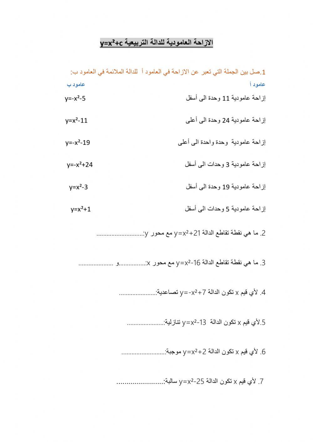 الازاحة العامودية للدالة التربيعية