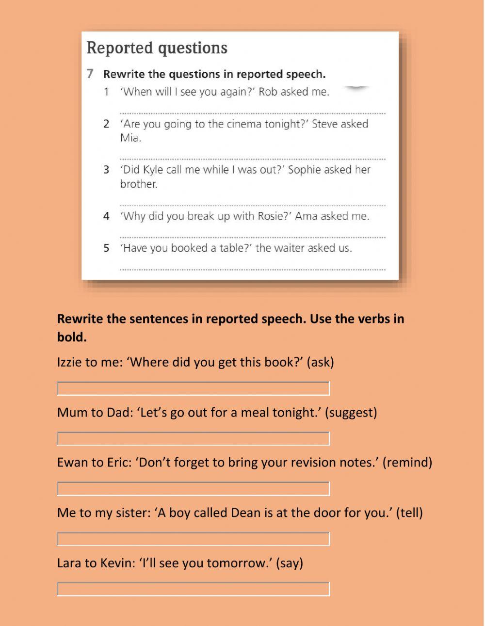 REPORTED SPEECH Reporting verbs, commands and questions. Say and tell.
