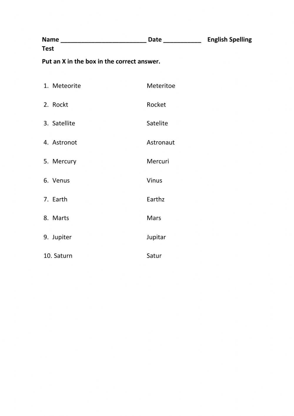 Spelling topic 4 Planets