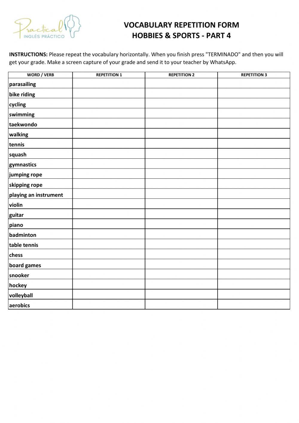 Vocabulary repetition form - hobbies & sports - part 4