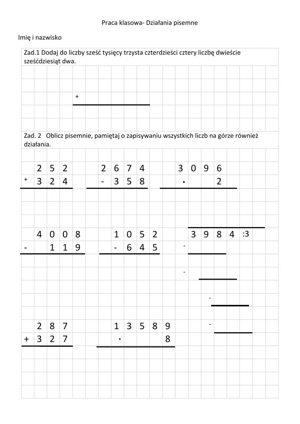 Dzialania Pisemne Klasa 4 Gwo Praca klasowa Działania pisemne interactive worksheet | Live Worksheets