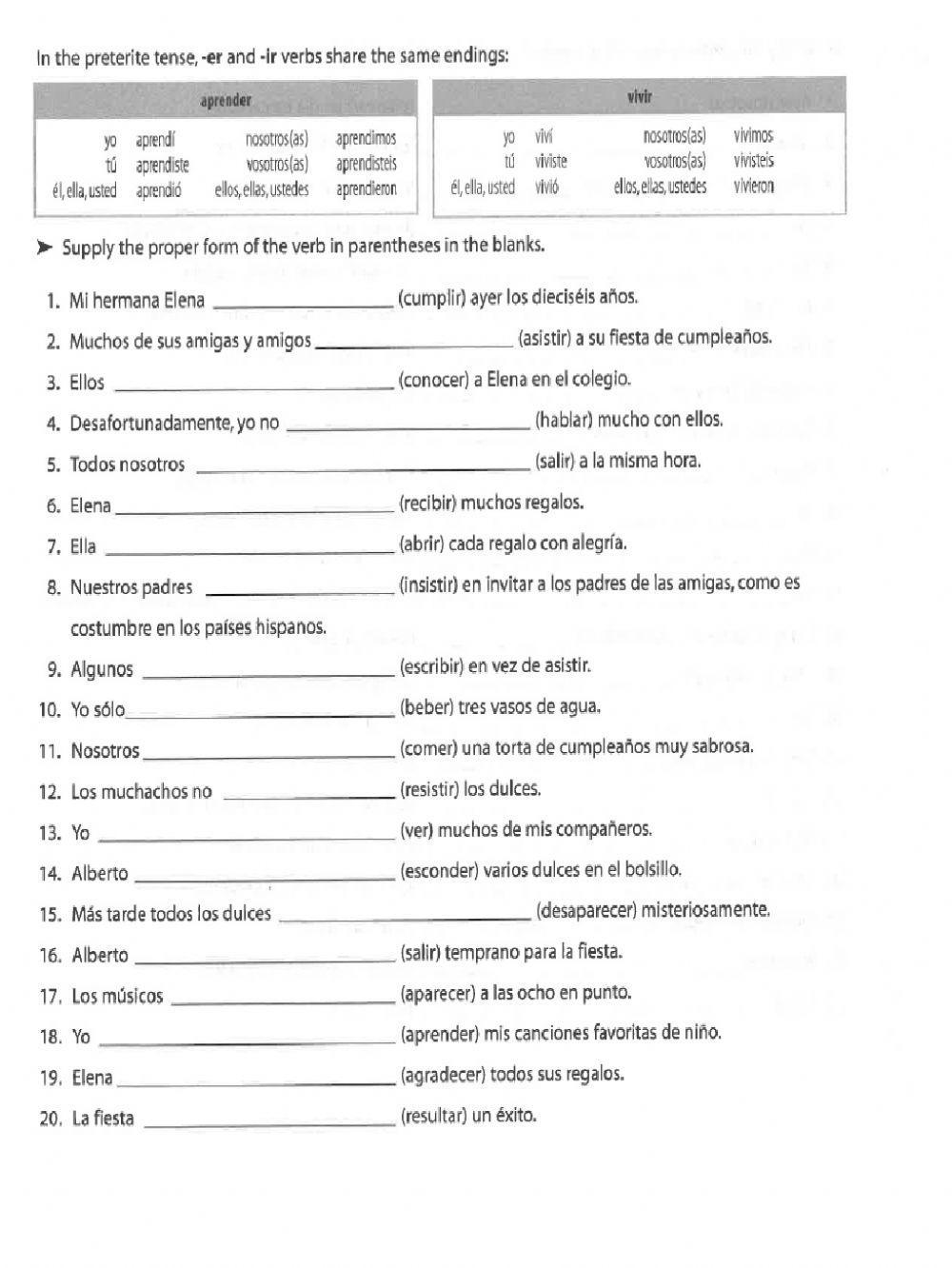 Ejercicio e preterito ar er ir