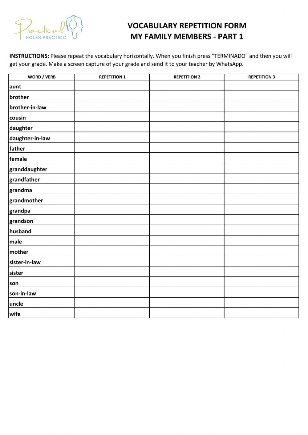 Vocabulary repetition form - my family - part 1