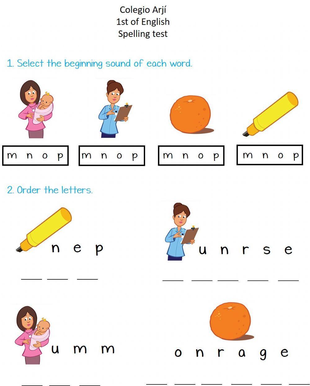 Spelling test Phonics M-N-O-P