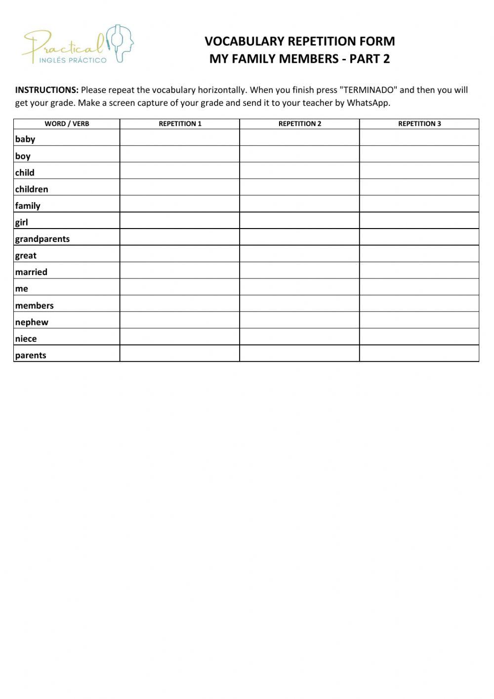 Vocabulary repetition form - my family - part 2