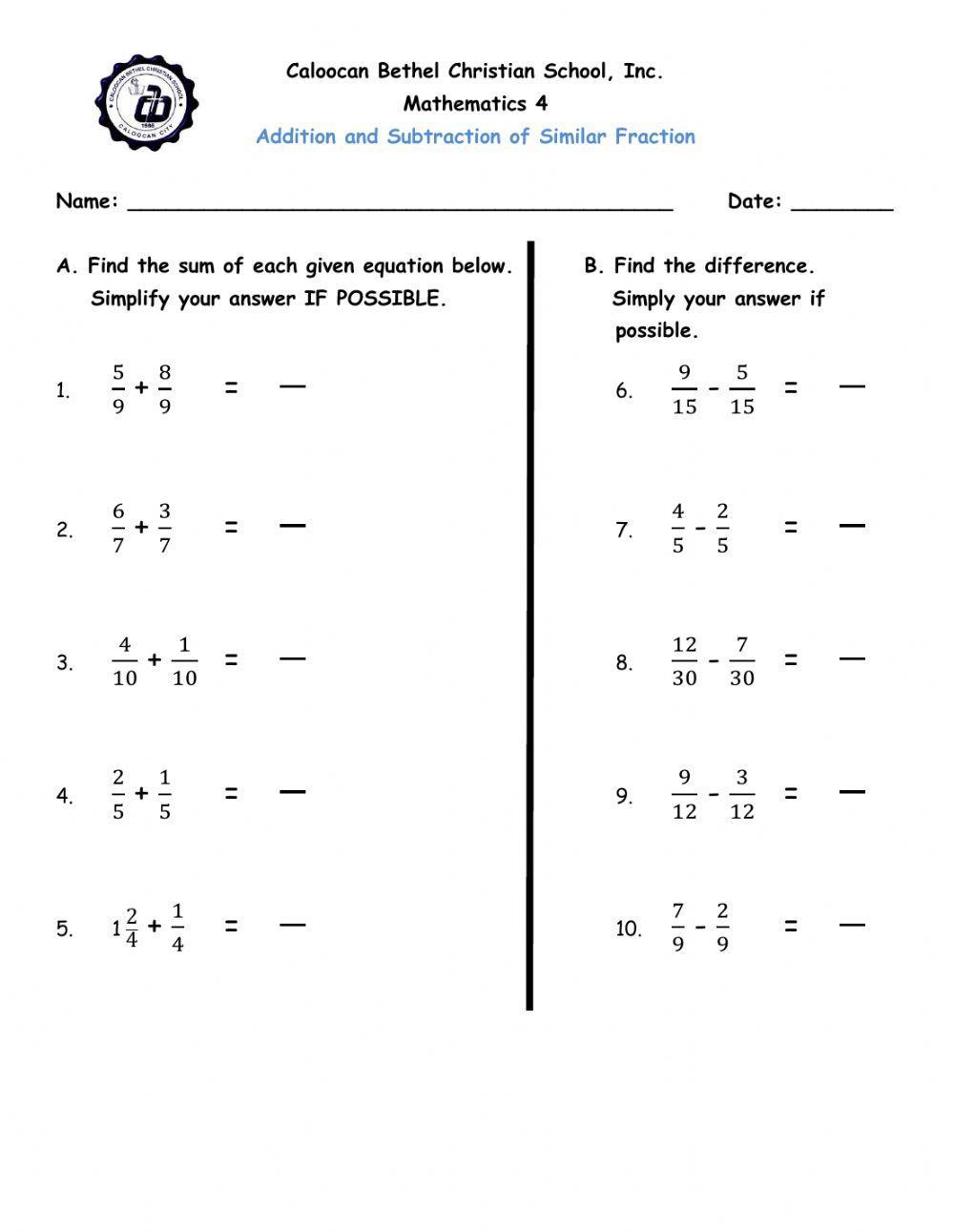 Addition and Subtraction of Similar Fractions