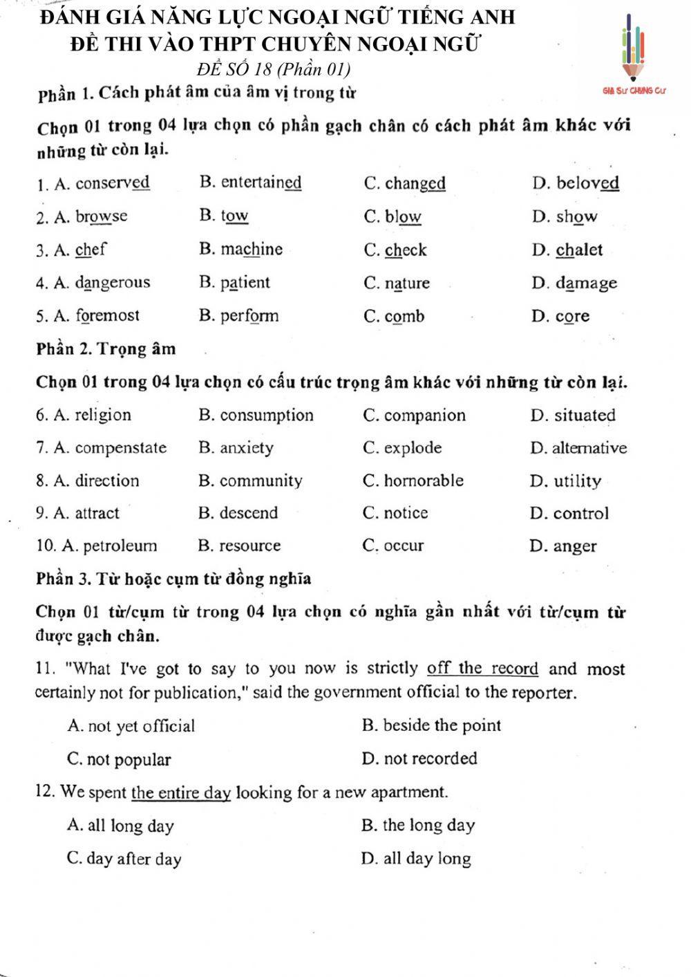Đề thi đánh giá năng lực ngoại ngữ Tiếng Anh vào lớp 10 Chuyên ngoại ngữ - Số 18.1