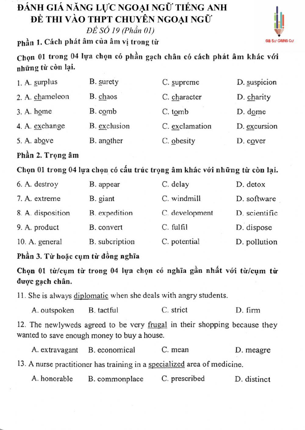 Đề thi đánh giá năng lực ngoại ngữ Tiếng Anh vào lớp 10 Chuyên ngoại ngữ - Số 19.1