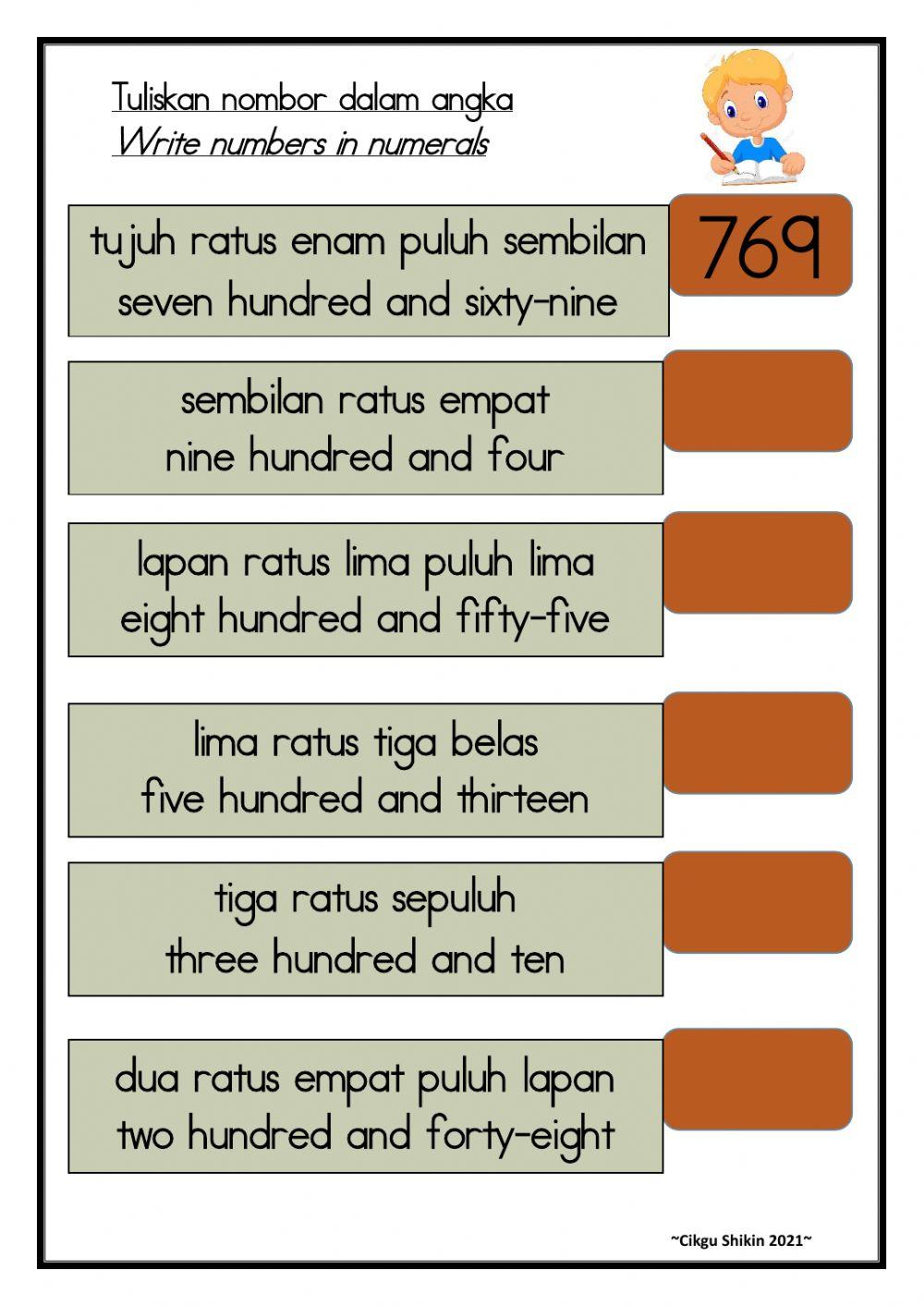Nombor hingga 1000 - Numbers up to 1000