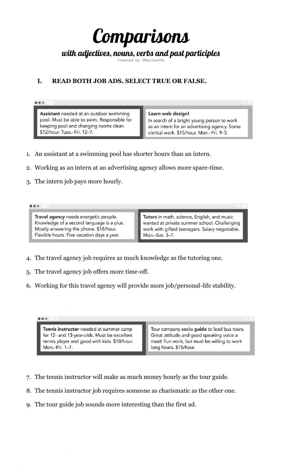 Comparison - True or False Comparison - True or False
