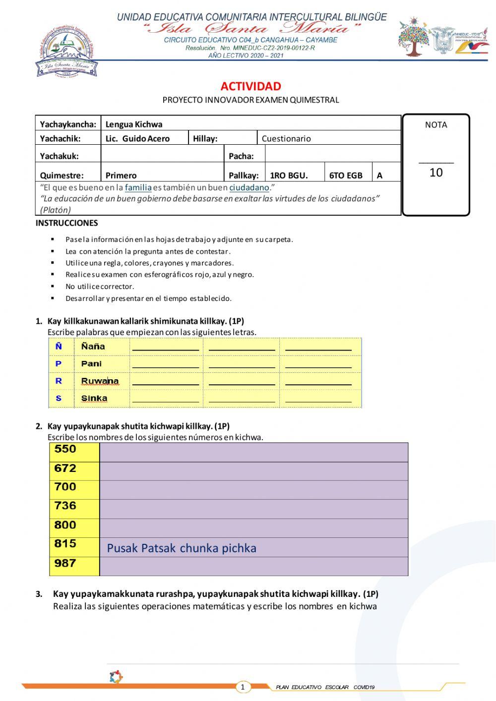 Examen Lengua Kichwa